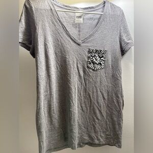 PINK Victoria's Secret Gray V-Neck Tee with Black and White Pocket
